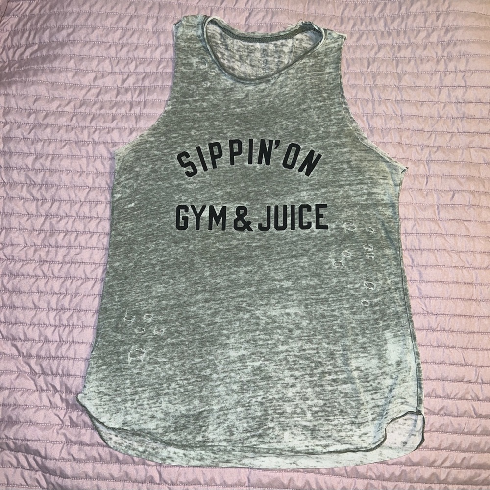 Distressed “Gym and Juice” Muscle Shirt S